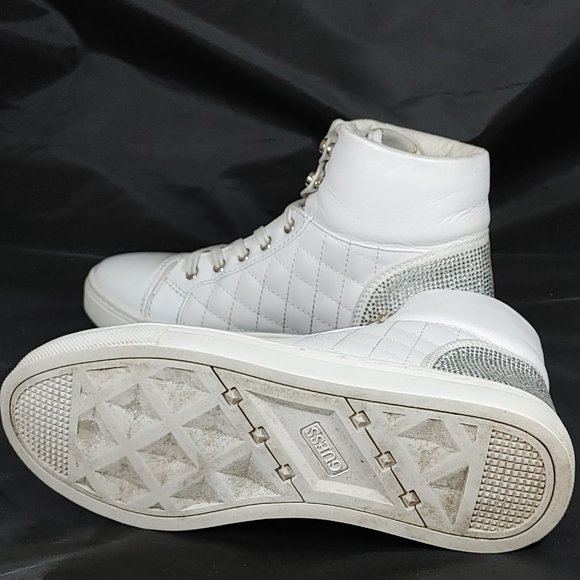 Guess High Top Sneaker Women's Sz 6 White Quilted Athletic Shoe Rhinestone Heelt - Picture 6 of 10